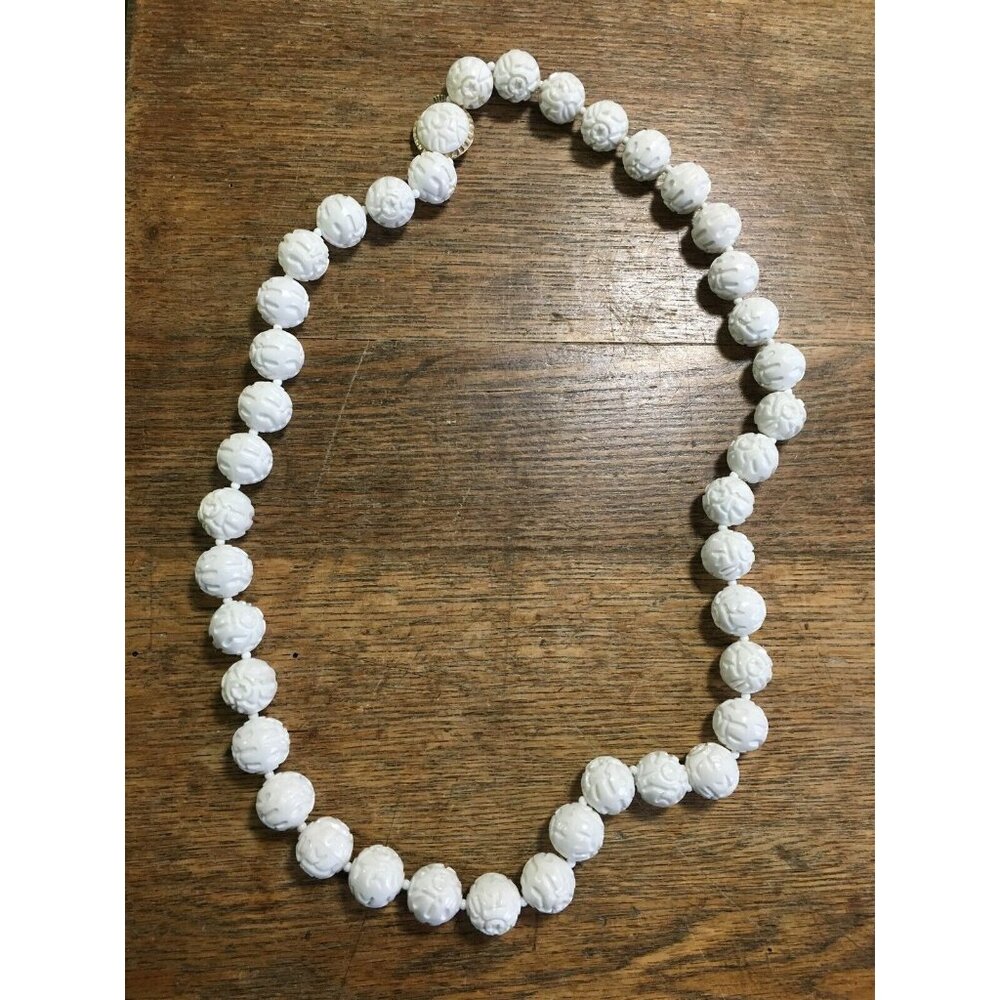 Vintage Plastic Carved Bead Necklace Chunky White Hong Kong